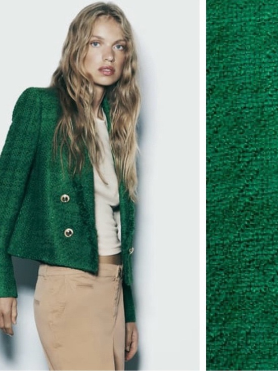 Zara Jackets & Blazers - NWT Zara Gold Button Emerald Green Tweed Cropped Blazer Size:SMALL
